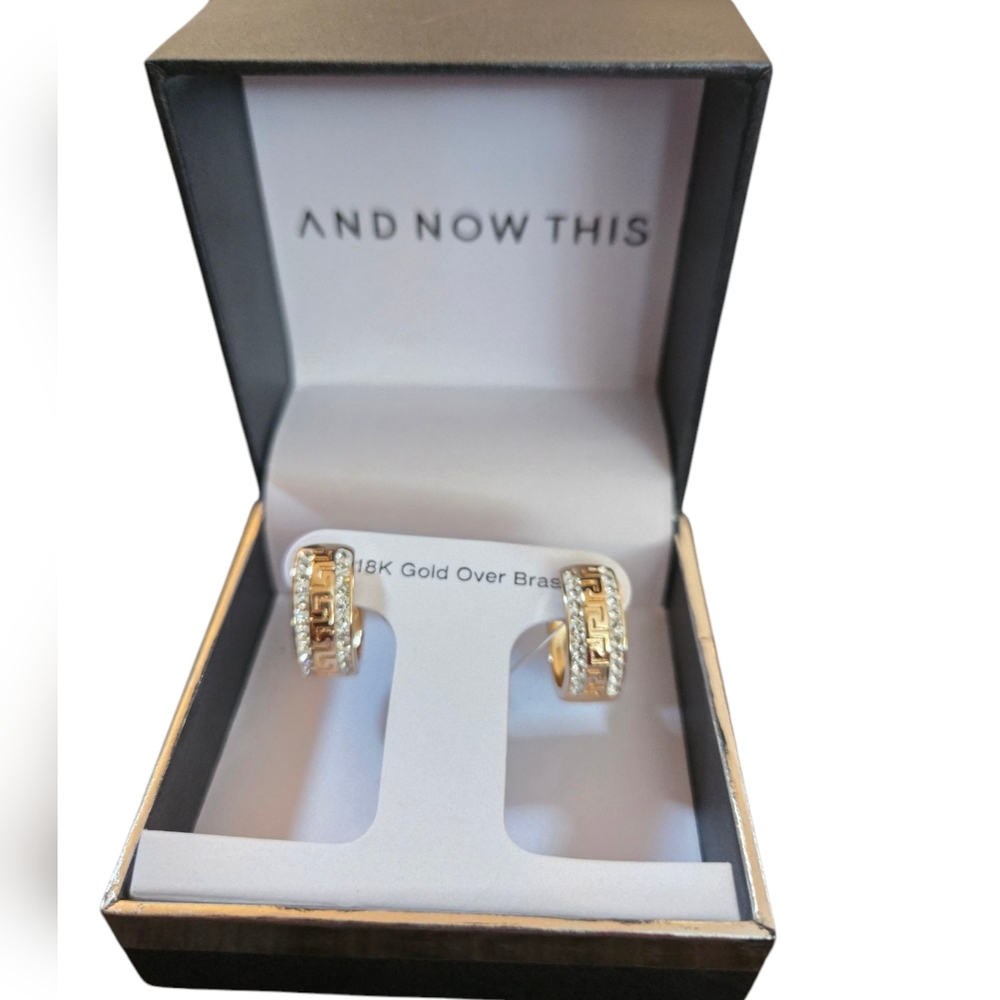 And Now This 18k Gold Over Brass Greek Key Hinge Hoop Earrings‎ NIB